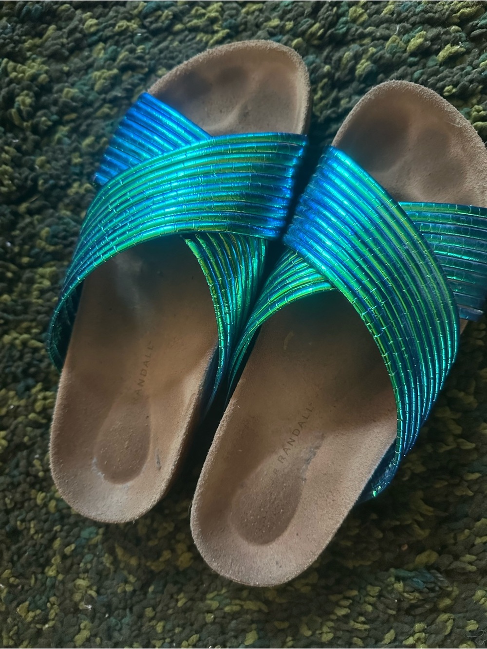 Loeffler Randall Iridescent Teal-Green Crisscross Slide Sandals